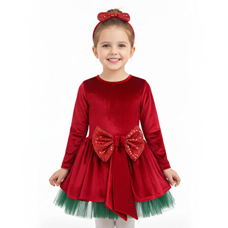 5–7 Yaş Kadife Kırmızı Fiyonklu Yeşil Tüllü Lüks Yılbaşı Çocuk Kostümü