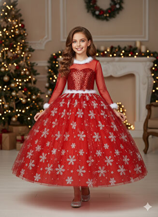 11–12 Yaş – Uzun Kol Pullu Simli Kırmızı Kartanesi Frozen Yılbaşı Balo Kostüm Elbise