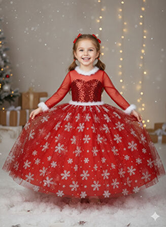 3–4 Yaş – Uzun Kol Pullu Simli Kırmızı Kartanesi Frozen Yılbaşı Balo Kostüm Elbise