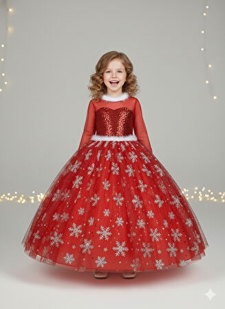 4–5 Yaş – Uzun Kol Pullu Simli Kırmızı Kartanesi Frozen Yılbaşı Balo Kostüm Elbise