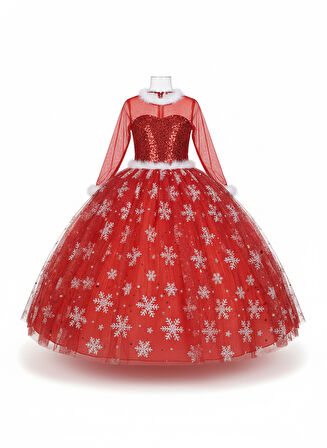 4–5 Yaş – Uzun Kol Pullu Simli Kırmızı Kartanesi Frozen Yılbaşı Balo Kostüm Elbise