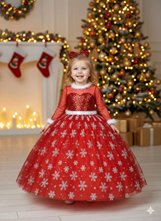 1–2 Yaş – Uzun Kol Kırmızı Pullu Simli Kartanesi Desenli Frozen Yılbaşı Balo Elbisesi
