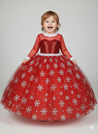 1–2 Yaş – Uzun Kol Kırmızı Pullu Simli Kartanesi Desenli Frozen Yılbaşı Balo Elbisesi