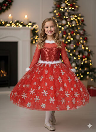 1–2 Yaş – Uzun Kol Kırmızı Pullu Simli Kartanesi Desenli Frozen Yılbaşı Balo Elbisesi