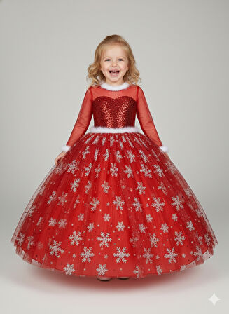 2–3 Yaş – Uzun Kol Pullu Simli Kırmızı Kartanesi Frozen Yılbaşı Balo Kostüm Elbise