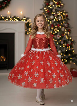 2–3 Yaş – Uzun Kol Pullu Simli Kırmızı Kartanesi Frozen Yılbaşı Balo Kostüm Elbise