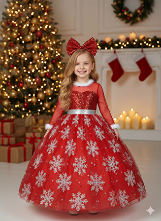2–3 Yaş – Uzun Kol Pullu Simli Kırmızı Kartanesi Frozen Yılbaşı Balo Kostüm Elbise