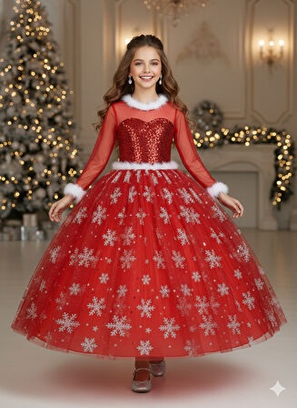 9–10 Yaş – Uzun Kol Pullu Simli Kırmızı Kartanesi Frozen Yılbaşı Balo Kostüm Elbise