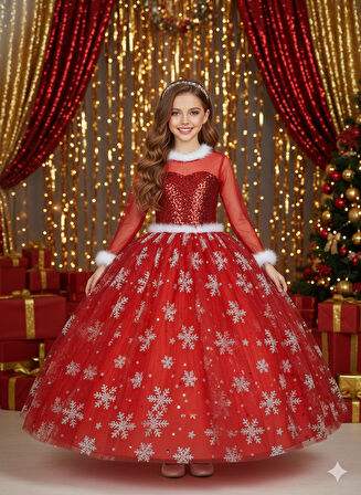 9–10 Yaş – Uzun Kol Pullu Simli Kırmızı Kartanesi Frozen Yılbaşı Balo Kostüm Elbise