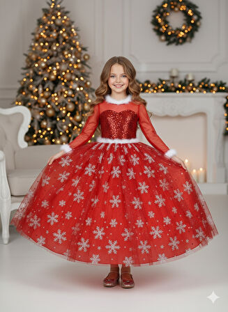 9–10 Yaş – Uzun Kol Pullu Simli Kırmızı Kartanesi Frozen Yılbaşı Balo Kostüm Elbise