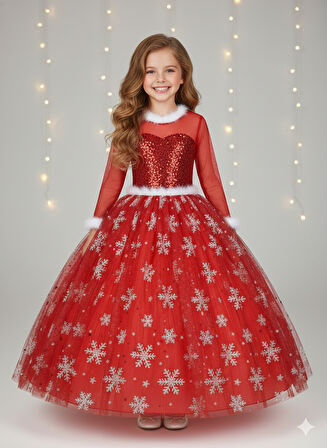 5–6 Yaş – Uzun Kol Pullu Simli Kırmızı Kartanesi Frozen Yılbaşı Balo Kostüm Elbise