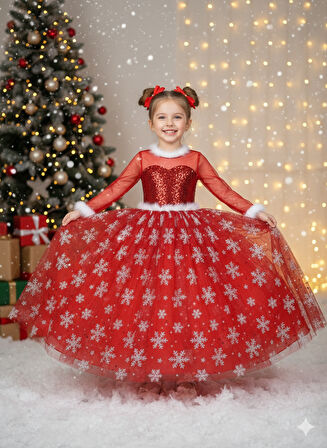 5–6 Yaş – Uzun Kol Pullu Simli Kırmızı Kartanesi Frozen Yılbaşı Balo Kostüm Elbise