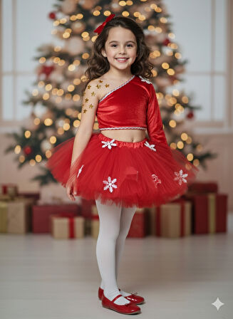 7–8 Yaş – Kırmızı Tütü Etek Kadife Tek Omuz Crop Üst Kristal Taş Hediyeli Yılbaşı Parti Kostümü