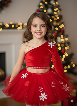 7–8 Yaş – Kırmızı Tütü Etek Kadife Tek Omuz Crop Üst Kristal Taş Hediyeli Yılbaşı Parti Kostümü