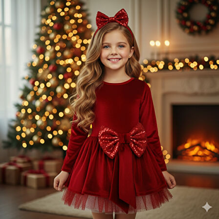 5–8 Yaş Kırmızı Kadife Pullu Fiyonklu Yılbaşı Özel Kostümü – Toka Hediyeli