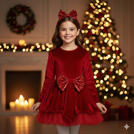 5–8 Yaş Kırmızı Kadife Pullu Fiyonklu Yılbaşı Özel Kostümü – Toka Hediyeli