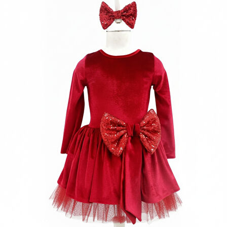 5–8 Yaş Kırmızı Kadife Pullu Fiyonklu Yılbaşı Özel Kostümü – Toka Hediyeli