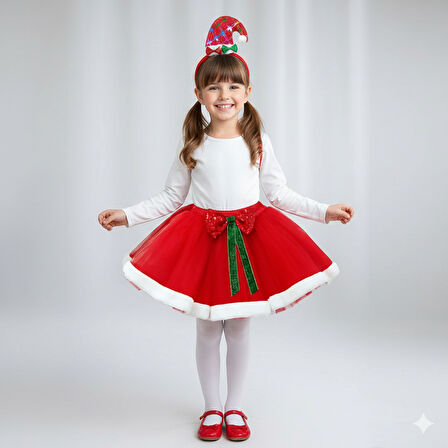 5–8 Yaş Kırmızı Tütülü Yılbaşı Taçlı Set – Önü Fiyonklu Kostüm ve Parti Aksesuarı