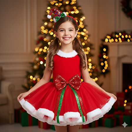 5–8 Yaş Kırmızı Tütülü Yılbaşı Taçlı Set – Önü Fiyonklu Kostüm ve Parti Aksesuarı