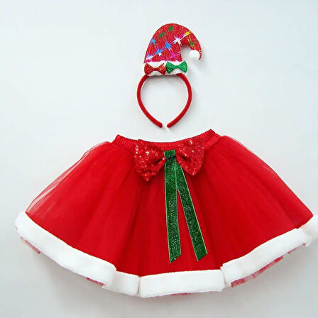 5–8 Yaş Kırmızı Tütülü Yılbaşı Taçlı Set – Önü Fiyonklu Kostüm ve Parti Aksesuarı