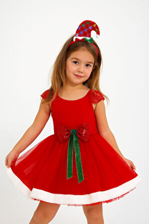 5–8 Yaş Kırmızı Tütülü Yılbaşı Taçlı Set – Önü Fiyonklu Kostüm ve Parti Aksesuarı