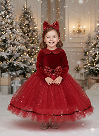 4–7 Yaş – Kırmızı Kadife Kırmızı Tül Etek ve Toka Yılbaşı Kız Çocuk Kostüm Seti