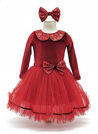 4–7 Yaş – Kırmızı Kadife Kırmızı Tül Etek ve Toka Yılbaşı Kız Çocuk Kostüm Seti