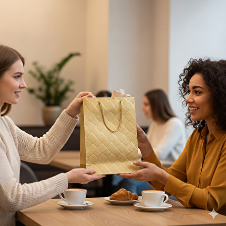 26x32x10 cm – Lüks Varak Baskılı Geometri Temalı Karton Hediye Çanta Özel Alışveriş Çantası