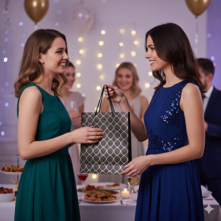 26x32x10 cm – Siyah Varaklı Geometrik Desenli Lüks Karton Hediye Çantası Özel Sunum Çantası