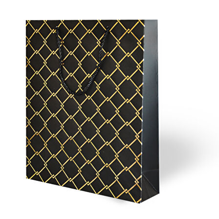 26x32x10 cm – Siyah Varaklı Geometrik Desenli Lüks Karton Hediye Çantası Özel Sunum Çantası