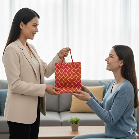 26x32x10 cm – Kırmızı Varaklı Geometrik Desenli Lüks Karton Hediye Çantası Özel Sunum Çantası