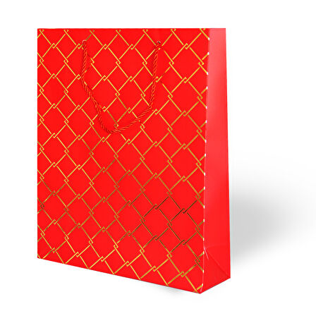 26x32x10 cm – Kırmızı Varaklı Geometrik Desenli Lüks Karton Hediye Çantası Özel Sunum Çantası