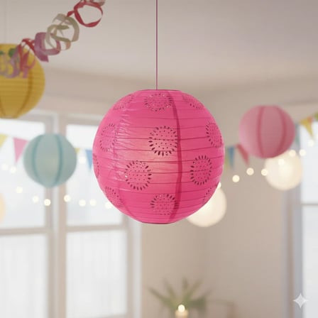 Fuşya Dantelli Japon Feneri Dekoratif Asma Kağıt Fener 35 cm Parti ve Etkinlik Süsü