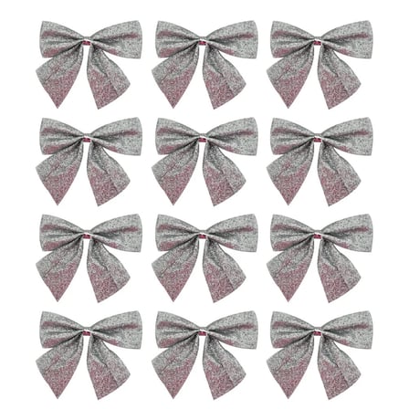 Yılbaşı Ağaç süsü 4 cm 12li simli fiyonk gümüş