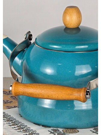 Alev Vintage Ahşap Saplı Emaye Demlik Kettle 2,5Lt Turkuaz
