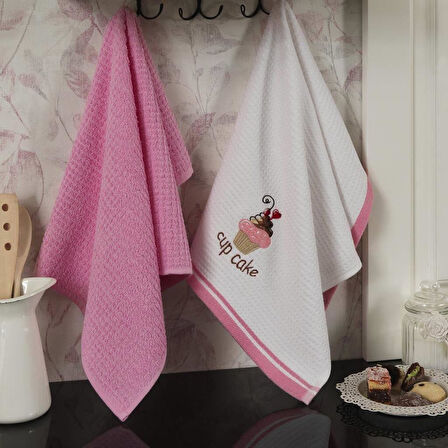 Maxstyle Pamuk Mutfak Havlusu Cup Cake 2'Li Beyaz-Pembe 40x60cm