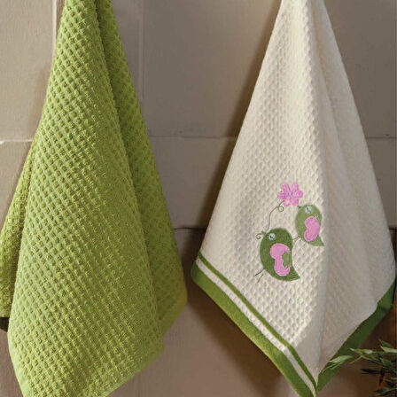 Maxstyle Pamuk Mutfak Havlusu Birds 2'Li Krem-Yeşil 40x60cm
