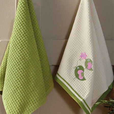 Maxstyle Pamuk Mutfak Havlusu Birds 2'Li Krem-Yeşil 40x60cm