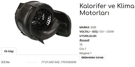 RENAULT R19 - CLİO 1 - MEGANE 1 KALORİFER MOTORU 7701040540 (Ü)