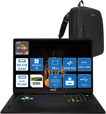 Msı Vector A18 Hx A9WIG-093TR Amd Ryzen 9-9955HX Aı 80GB 4tb+4tb SSD 16GB/RTX5080 Gddr7 175W 18 Inç 2k 2560×1600) Qhd+ 240Hz Windows 11 Home Taşınabilir Bilgisayar  ZT093TRH40+ZETTAÇANTA