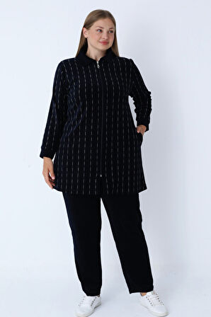 Kadın Büyük Beden Lacivert Çizgi Desenli Fermuarlı Cepli Pamuklu Kadife Alt-Üst Takım