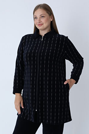 Kadın Büyük Beden Lacivert Çizgi Desenli Fermuarlı Cepli Pamuklu Kadife Alt-Üst Takım