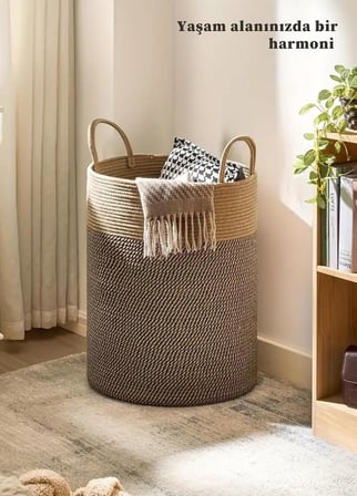 NaturaWeave Jüt Hasır Kirli Sepeti Banyo Sepeti Giyisi Havlu Battaniye Dergi Oyuncak Düzenleyici Saksı Sepet Organizer Hafif Kulp Detaylı Yumşak Ve Dayanıklı Karavan Organizeri (HASIR-SİYAHKIRÇIL)
