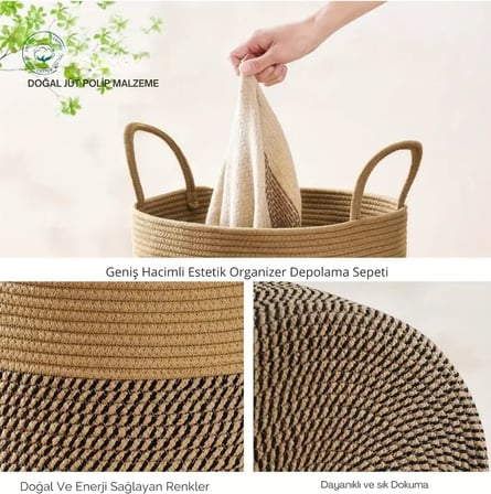 NaturaWeave Jüt Hasır Kirli Sepeti Banyo Sepeti Giyisi Havlu Battaniye Dergi Oyuncak Düzenleyici Saksı Sepet Organizer Hafif Kulp Detaylı Yumşak Ve Dayanıklı Karavan Organizeri (HASIR-SİYAHKIRÇIL)