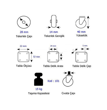 Hts 101- Sabit Tablalı Mobilya Tekeri Çap : 28 Mm 4 Ad.
