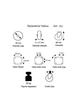 Hts 411- Büro Tipi Tablalı Dönerli Mobilya Tekeri Çap 49 Mm 5 Ad.