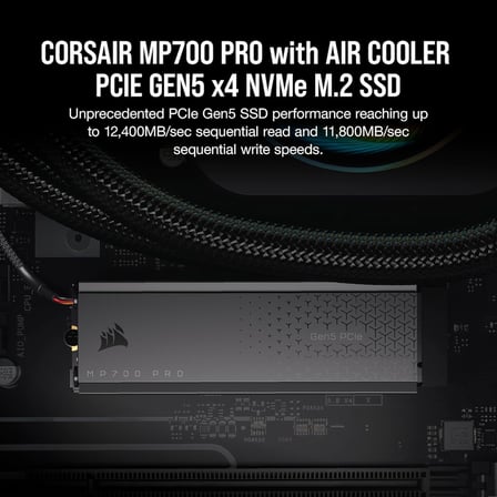 CORSAIR MP700 PRO 2TB M.2 PCIe Gen5 x4 NVMe 2.0 SSD, Hava Soğutuculu, 12.400 MB/s Okuma, TLC NAND - Siyah (CSSD-F2000GBMP700PRO)