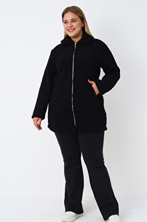 Kadın Büyük Beden Siyah Fermuarlı Cepli Soft Teddy Peluş Uzun Kollu Hırka