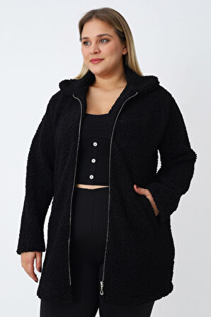Kadın Büyük Beden Siyah Fermuarlı Cepli Soft Teddy Peluş Uzun Kollu Hırka