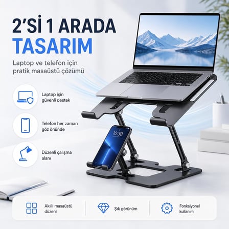 Coverzone Karbon Çelik 3 in 1 Notebook, Tablet ve Telefon Standı, 12.9-17 inç Laptop ve Tablet İçin 2 Fanlı Soğutuculu Ergonomik Yükseltici, 4.7-12.9 inç Telefon Tutucu, L07